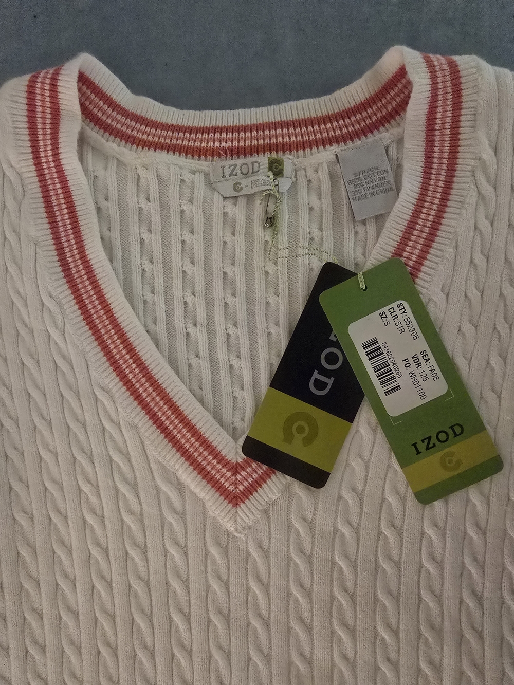 NWT Izod Womens Sweater Vest S White Pink Trim Cable Knit V-Neck Golf Preppy Top - Picture 5 of 10